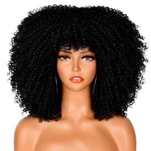 ANNIVIA-X Curly Wigs for Black Women Short Kinky Curly Afro Wig with Bangs Black